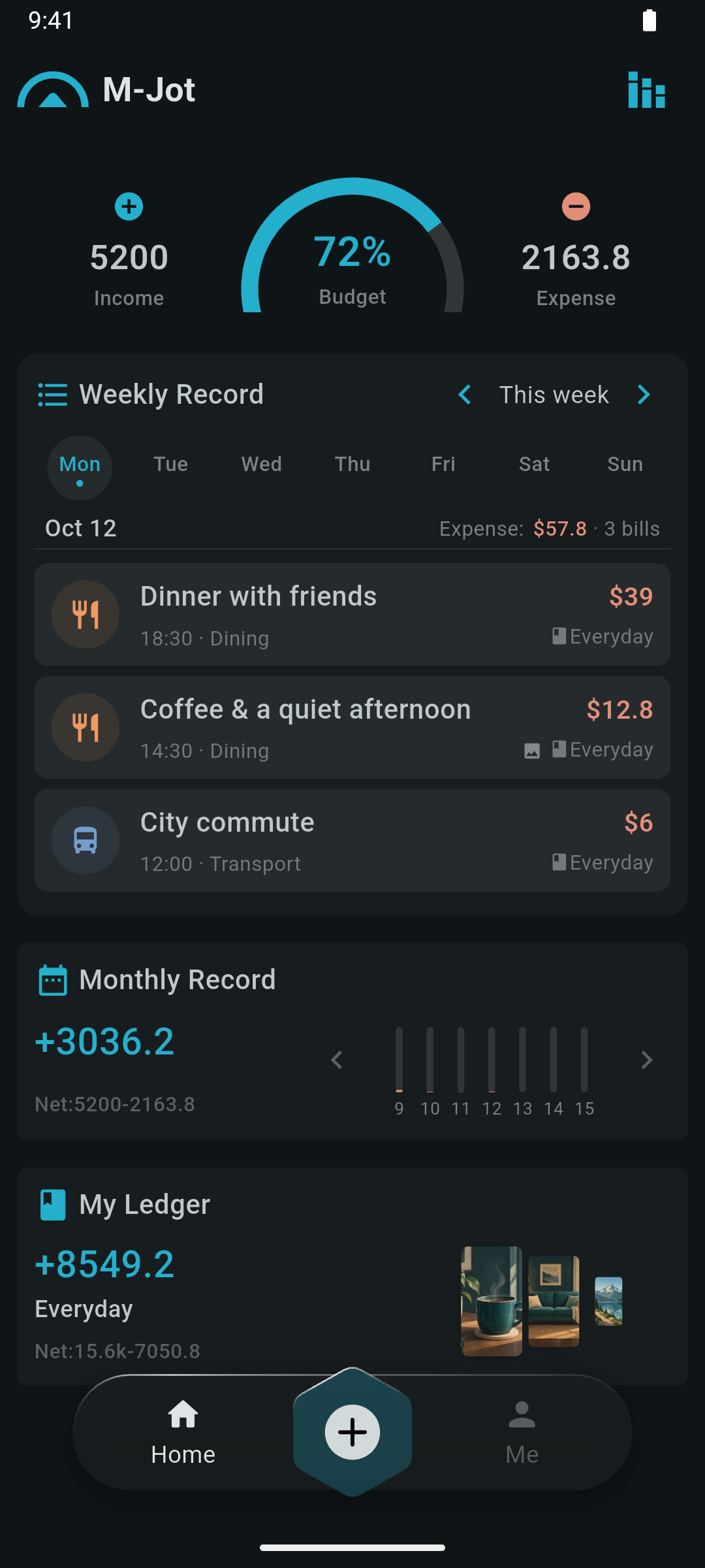 M-Jot app overview with income, spending and budget
