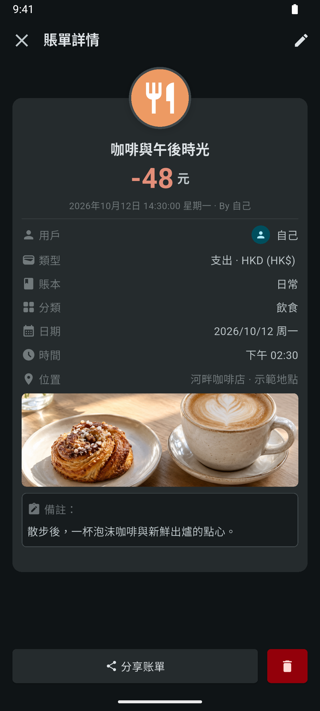 原始帳單中的咖啡與點心照片局部