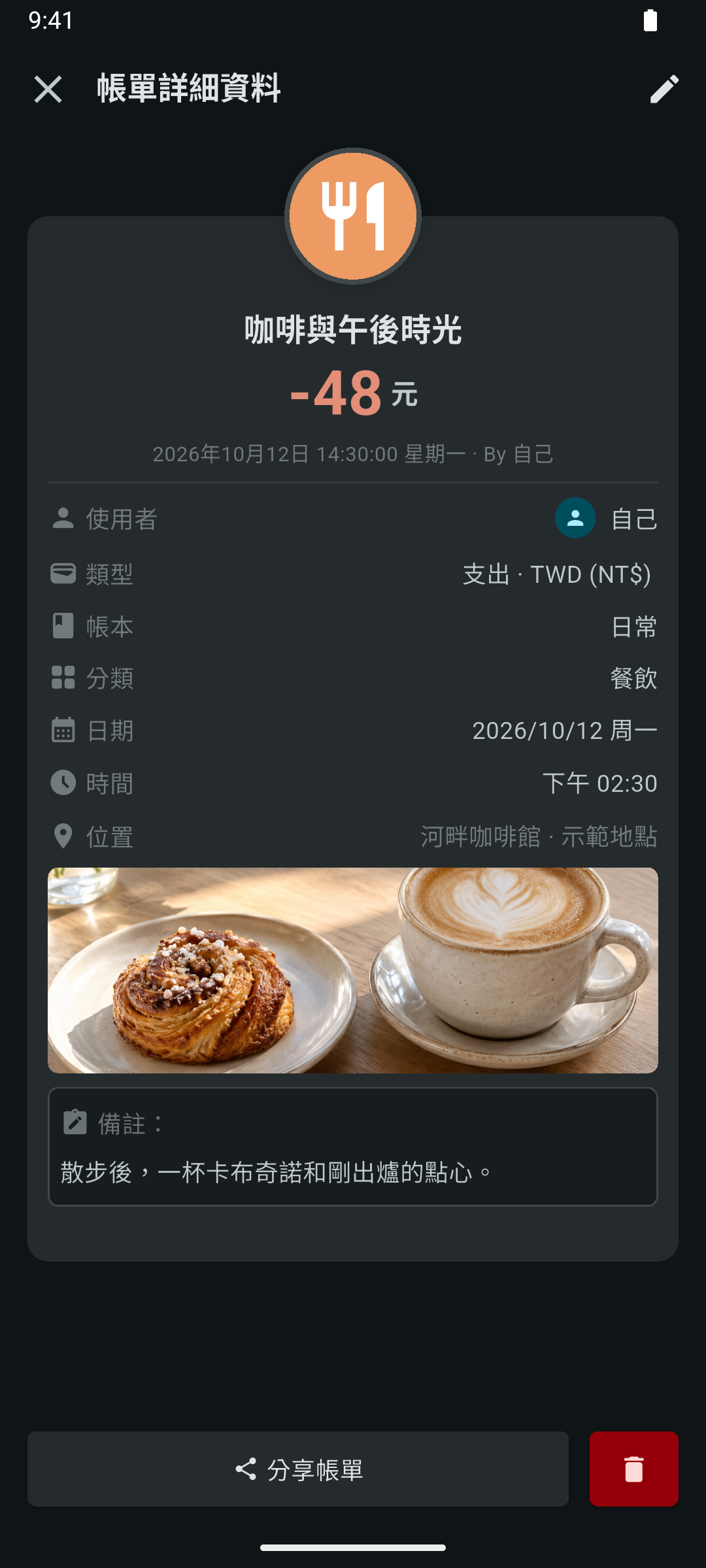 原始帳單中的咖啡與點心照片局部