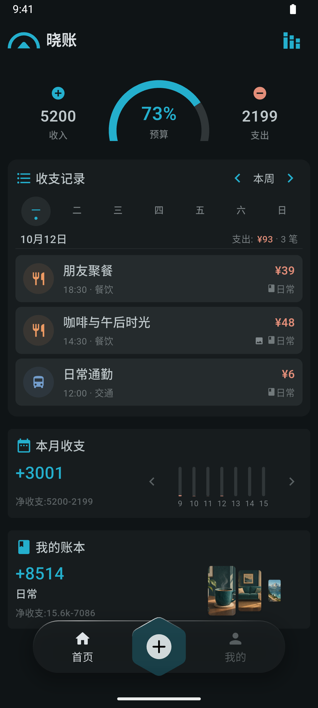 晓账 App 总览：收入、支出与预算